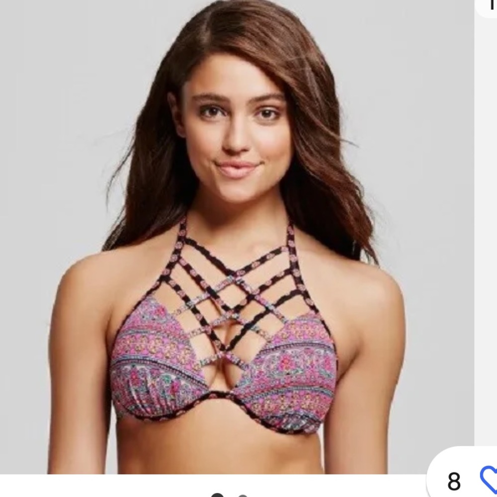Shade & Shore -Strappy High Neck Bikini Top Multi Floral Stripe 34B-Black Bottom